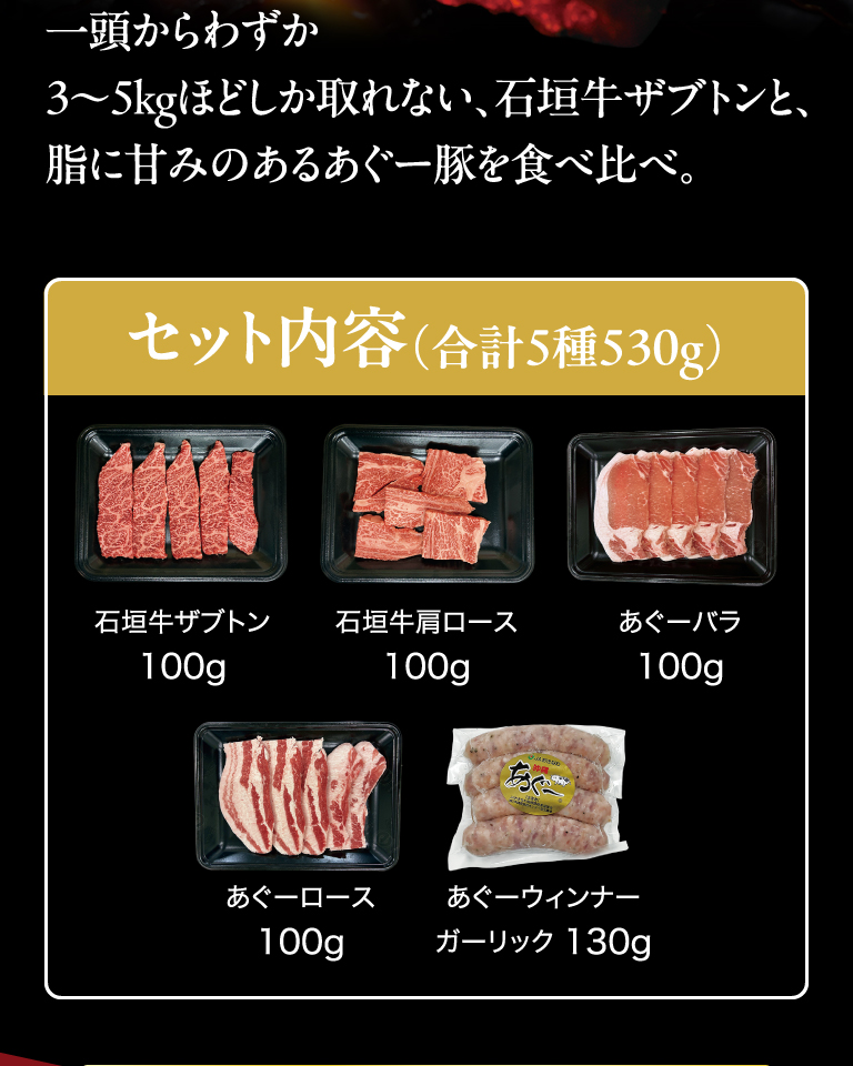 1頭しかわずか3〜5KGほどしか取れない、石垣牛サブトンと脂に甘みのあるあぐー豚を食べ比べ。