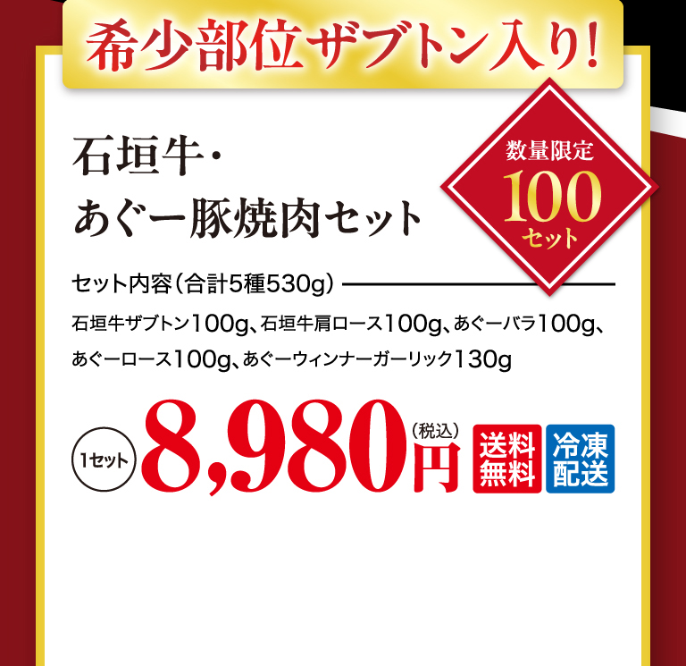 希少部位ザブトン入り! 石垣牛・あぐー豚焼肉セット　数量限定100セット　8,980円