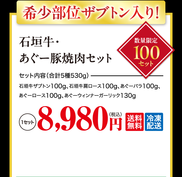 希少部位ザブトン入り! 石垣牛・あぐー豚焼肉セット　数量限定100セット　8,980円