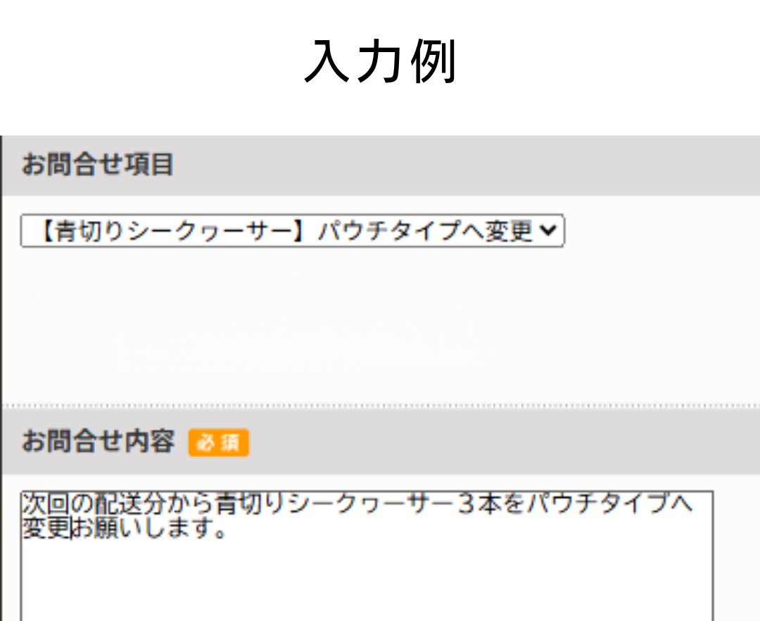 プレミアムパウチの問い合わせフォーム入力内容例