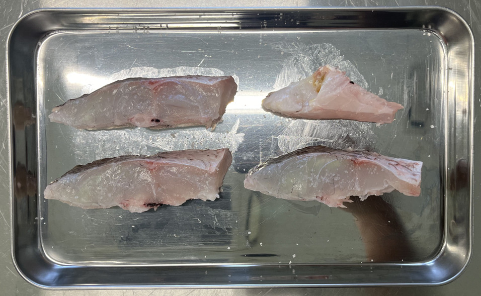 白身魚に塩を振って下ごしらえしている様子